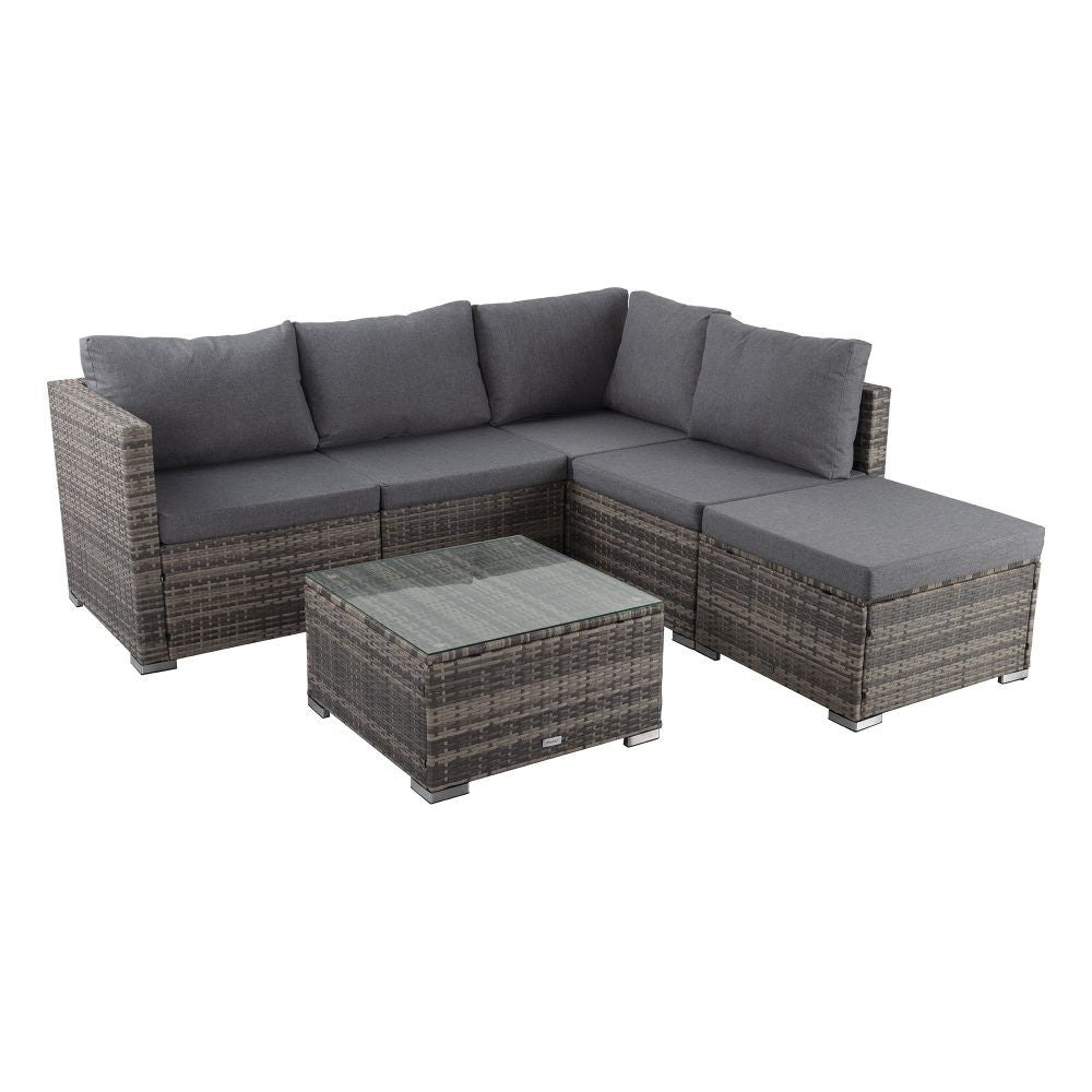 Outdoor ottoman-style sectional set with grey cushions and woven ottoman coffee table
