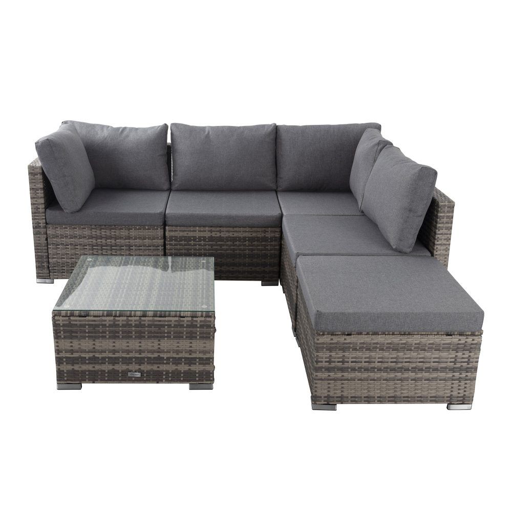 Outdoor ottoman-style sectional with chaise-style ottoman and grey cushions