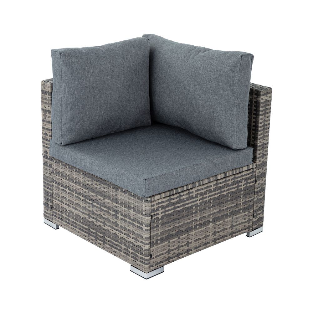 Outdoor ottoman-style corner seat with grey cushions and woven base