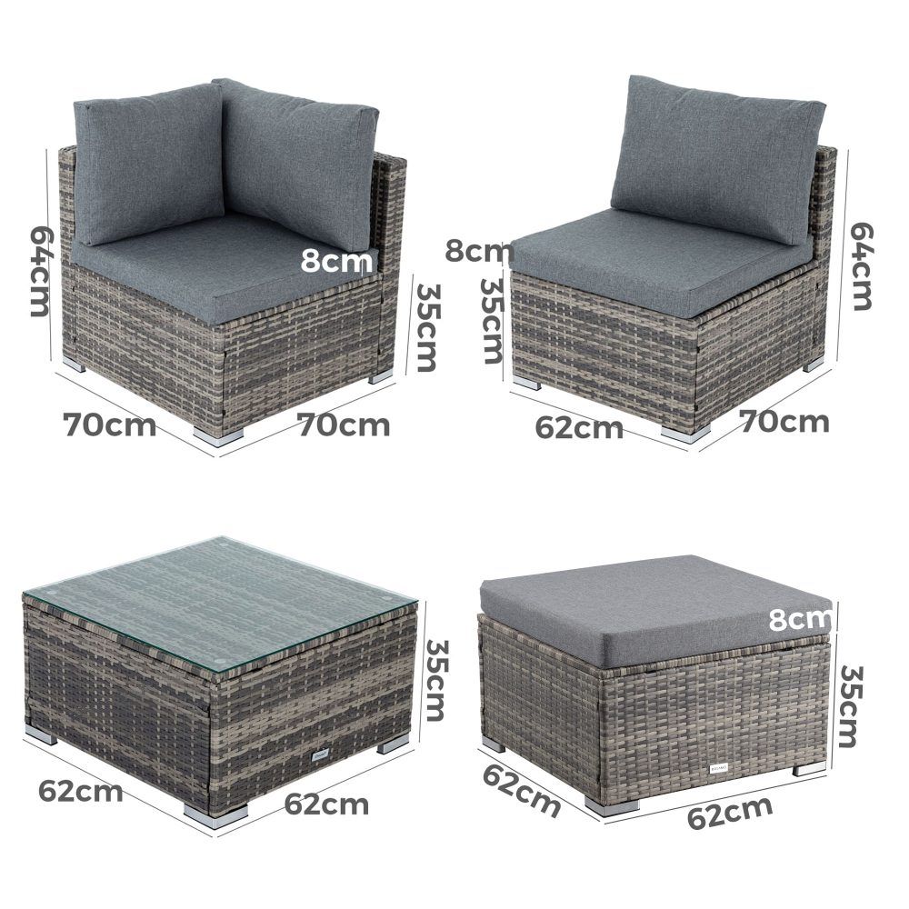 Outdoor lounge set pieces with grey cushions on woven wicker, shown with dimension labels.