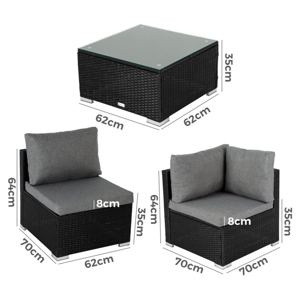 Outdoor modular lounge sofa pieces in black wicker with gray cushions, labeled dimensions