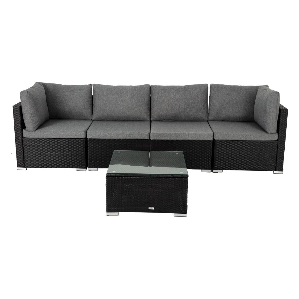 Outdoor modular lounge sofa set with black woven sides, gray cushions, and glass-top table