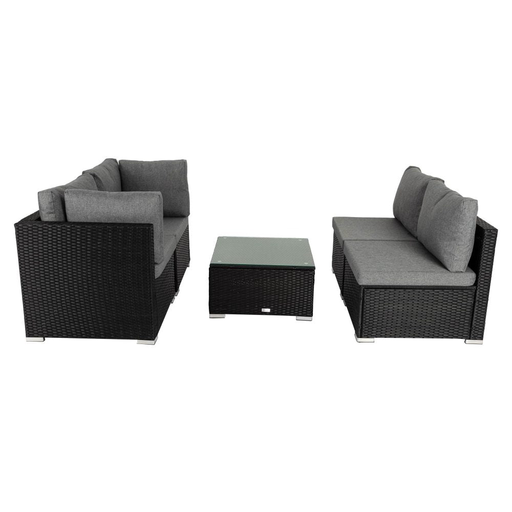 Outdoor modular lounge sofa set with black woven corner seats, gray cushions, and square glass table