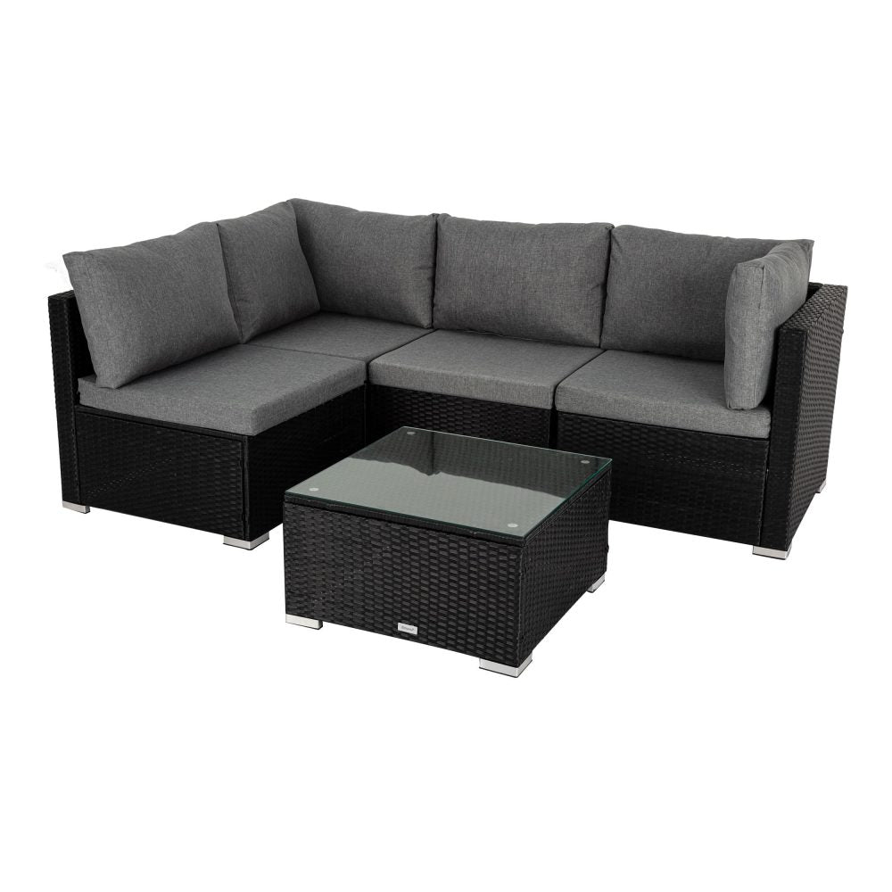 Outdoor modular lounge sofa set with black woven frame, gray cushions, and square glass-top table