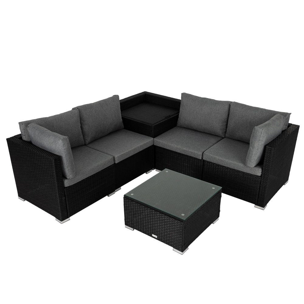 Outdoor modular lounge sofa set with dark frames, gray cushions, and square coffee table