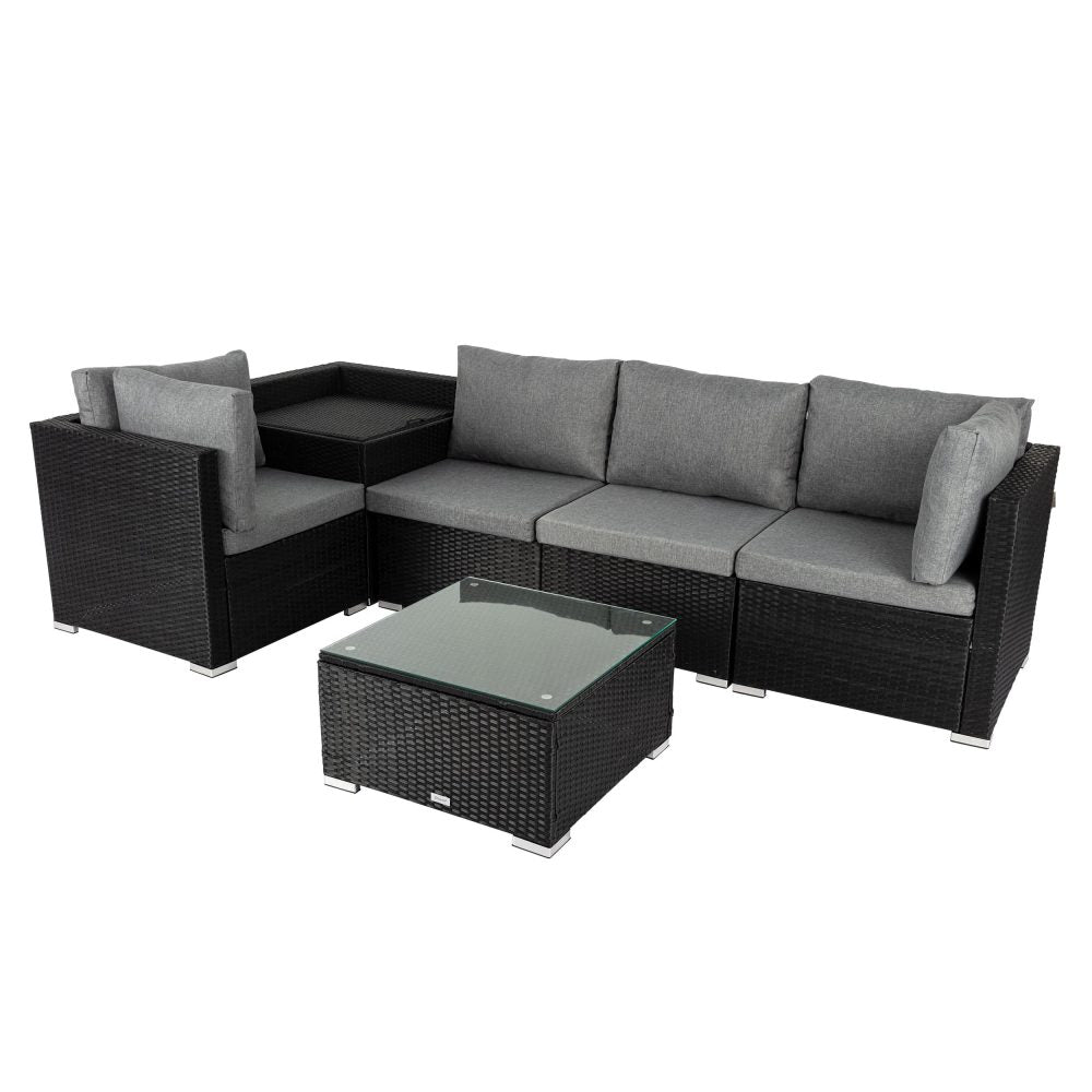 Outdoor modular lounge sectional with dark woven seats, gray cushions, and square coffee table