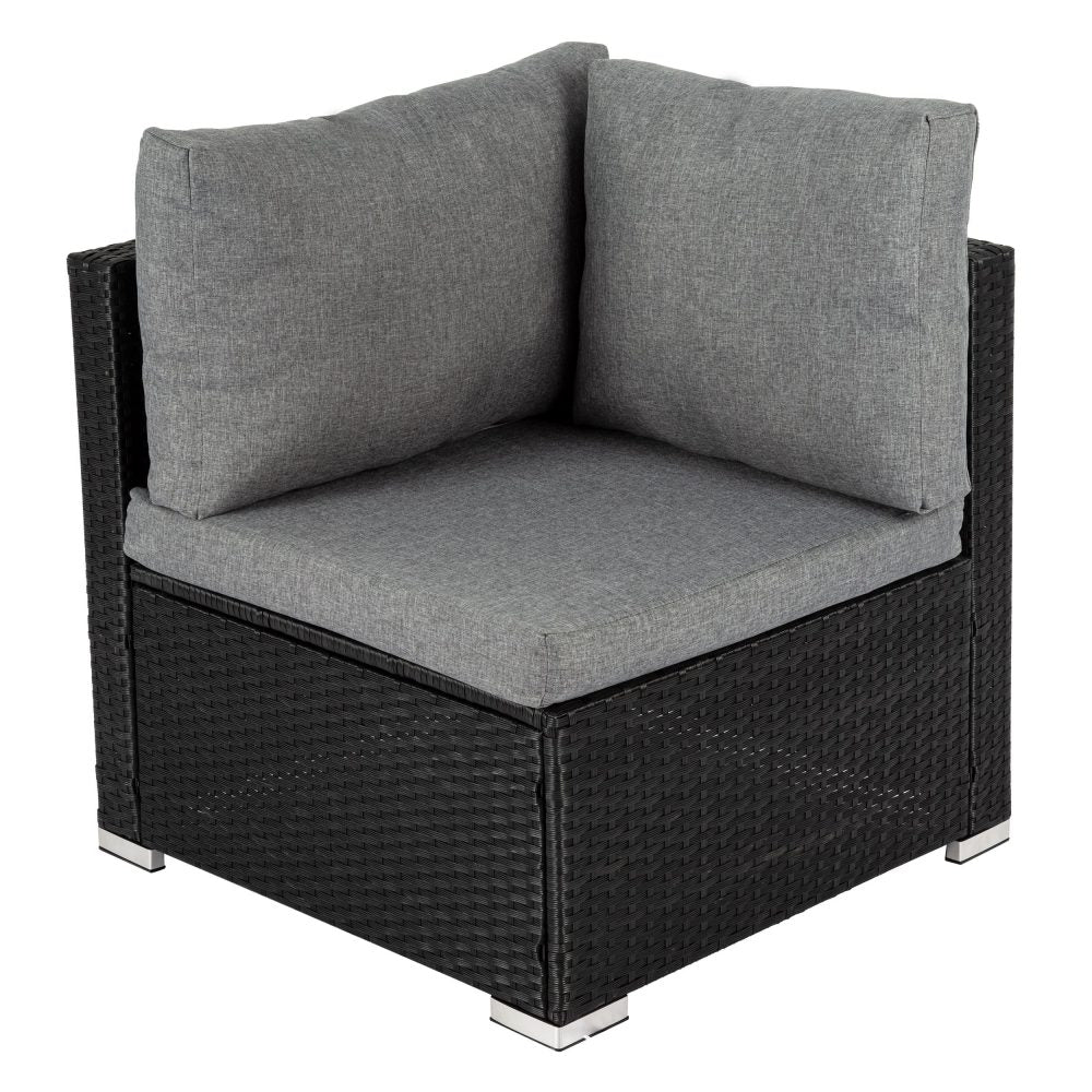 Outdoor modular lounge corner seat with dark woven frame and gray upholstered cushions