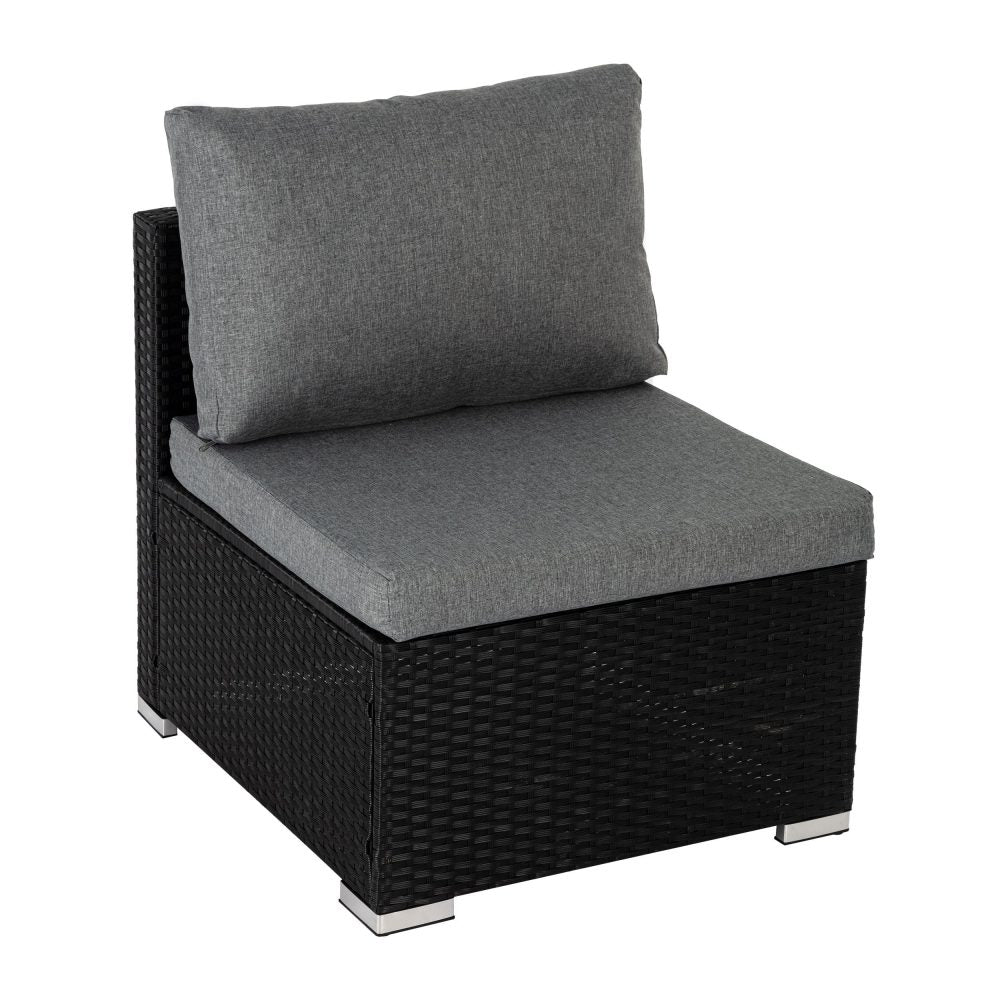 Outdoor modular lounge single chair with dark woven sides and gray seat and back cushions