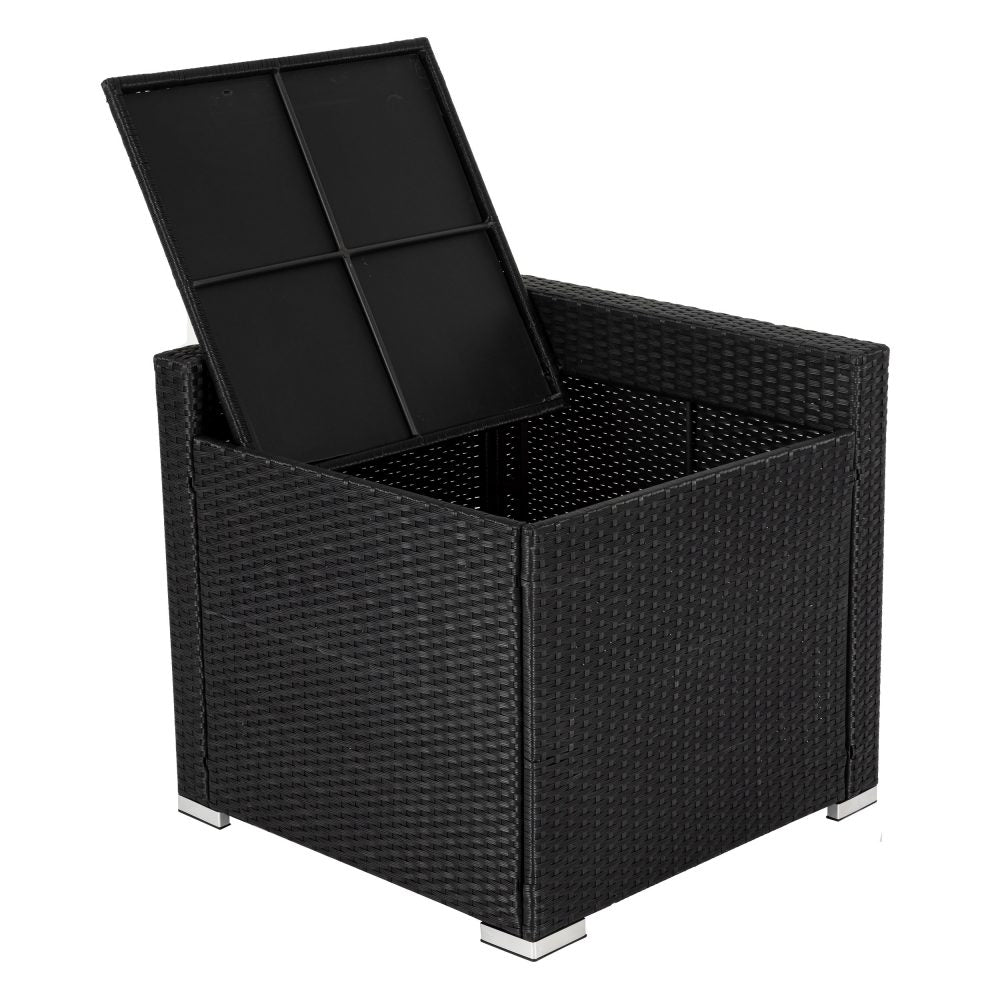 Outdoor modular lounge armchair with dark woven sides, gray cushion, and hinged storage lid