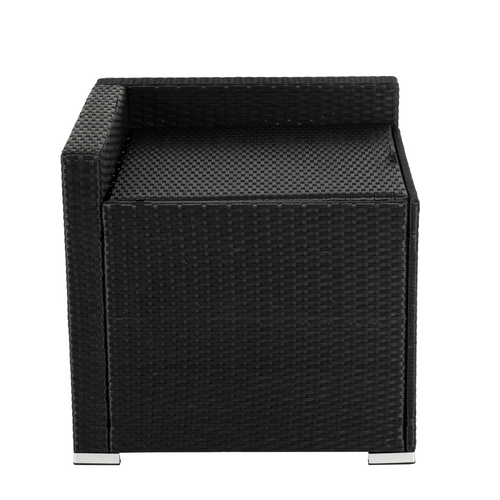 Outdoor modular lounge ottoman base with dark woven sides and open lid
