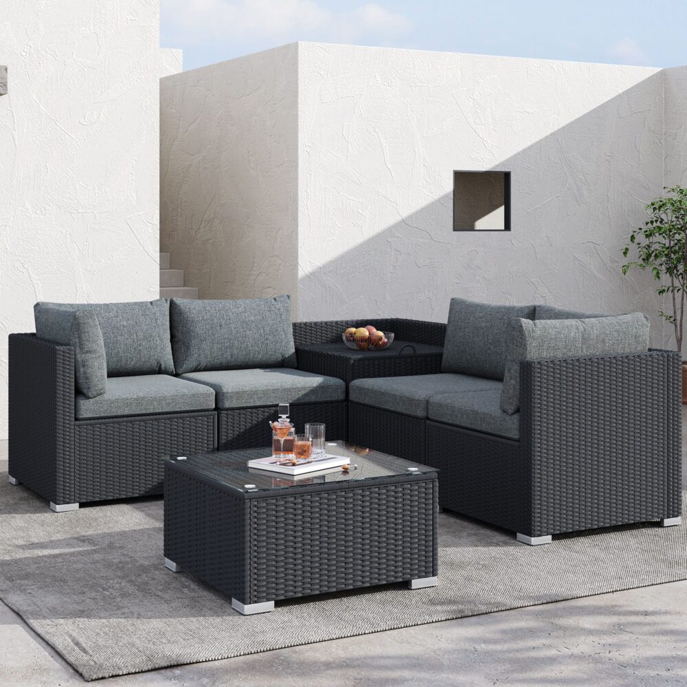 Outdoor modular lounge sofa set: dark woven panels, gray cushions, with square coffee table