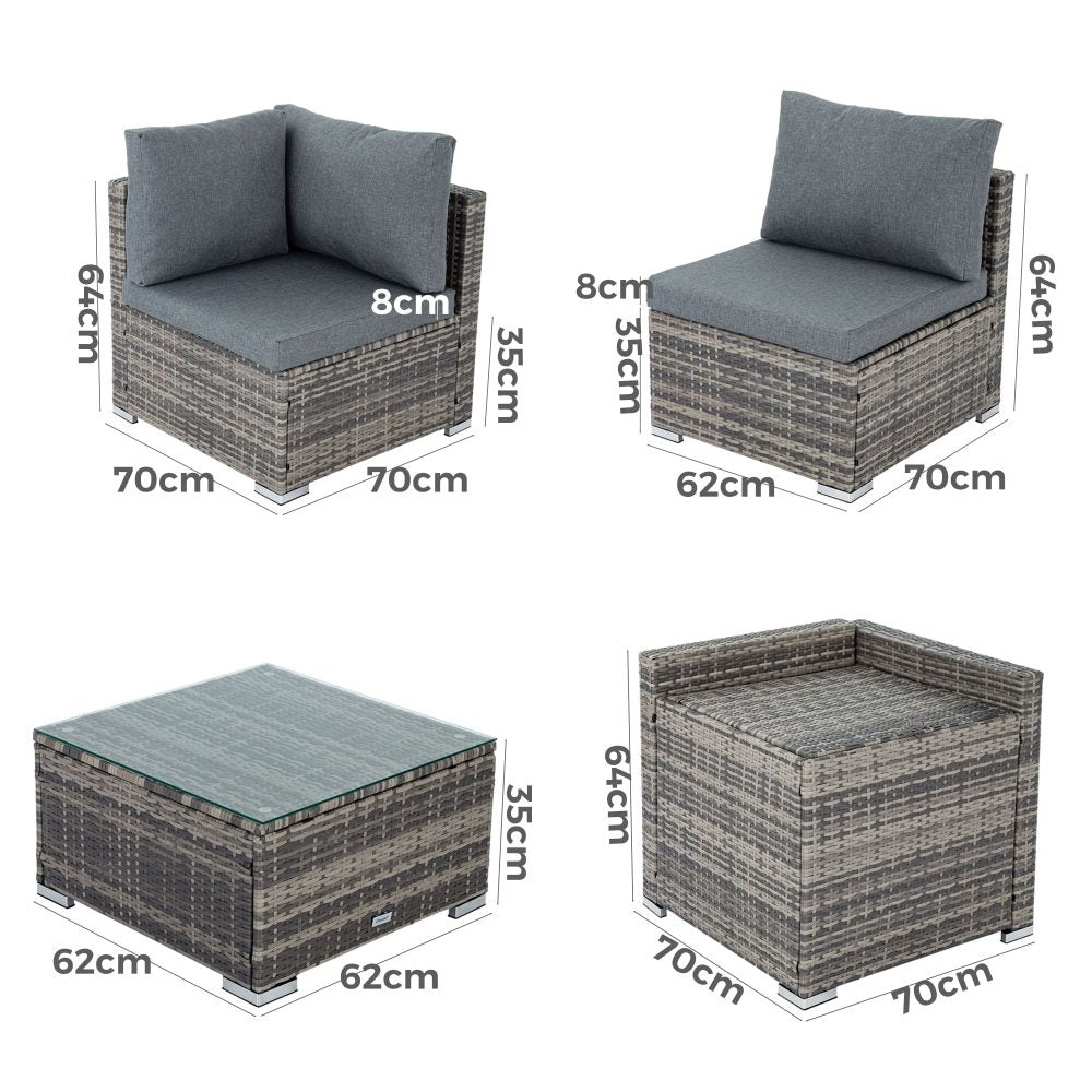 Outdoor modular lounge sofa set size diagram with dimensions for seats and ottoman