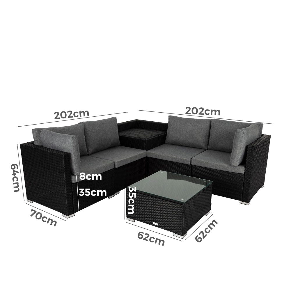 Outdoor modular lounge sofa layout diagram with gray cushions, dark frames, and glass coffee table