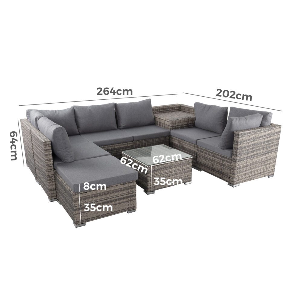 Outdoor modular lounge set layout diagram with grey seating modules and measurements