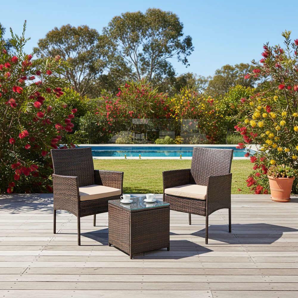 Outdoor bistro set with two dark wicker chairs, beige cushions, and square glass-top table