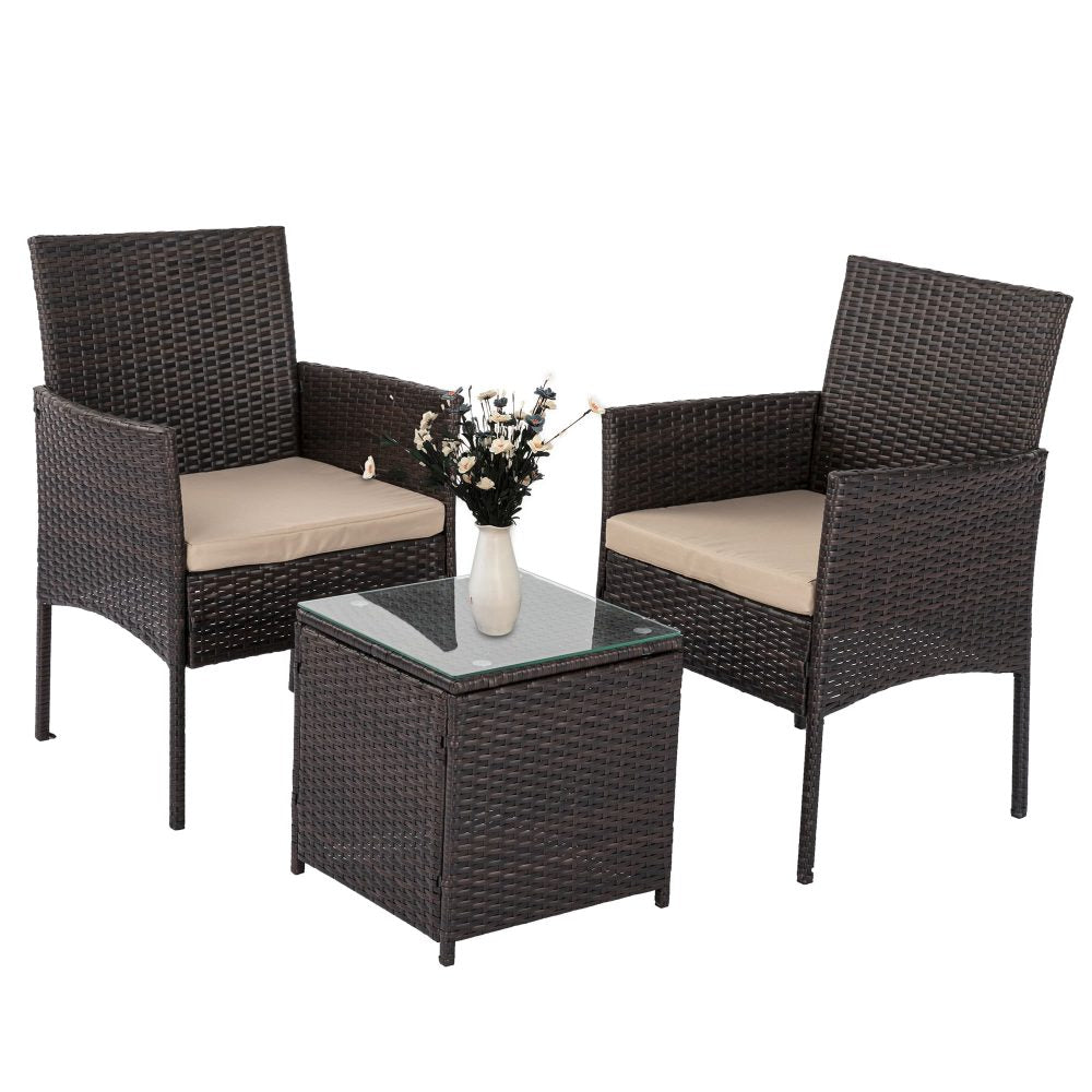 3-piece bistro set with two dark wicker chairs, beige cushions, and square glass-top table