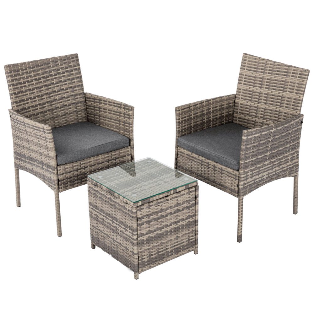 Pair of grey rattan armchairs and square table with dark seat cushions
