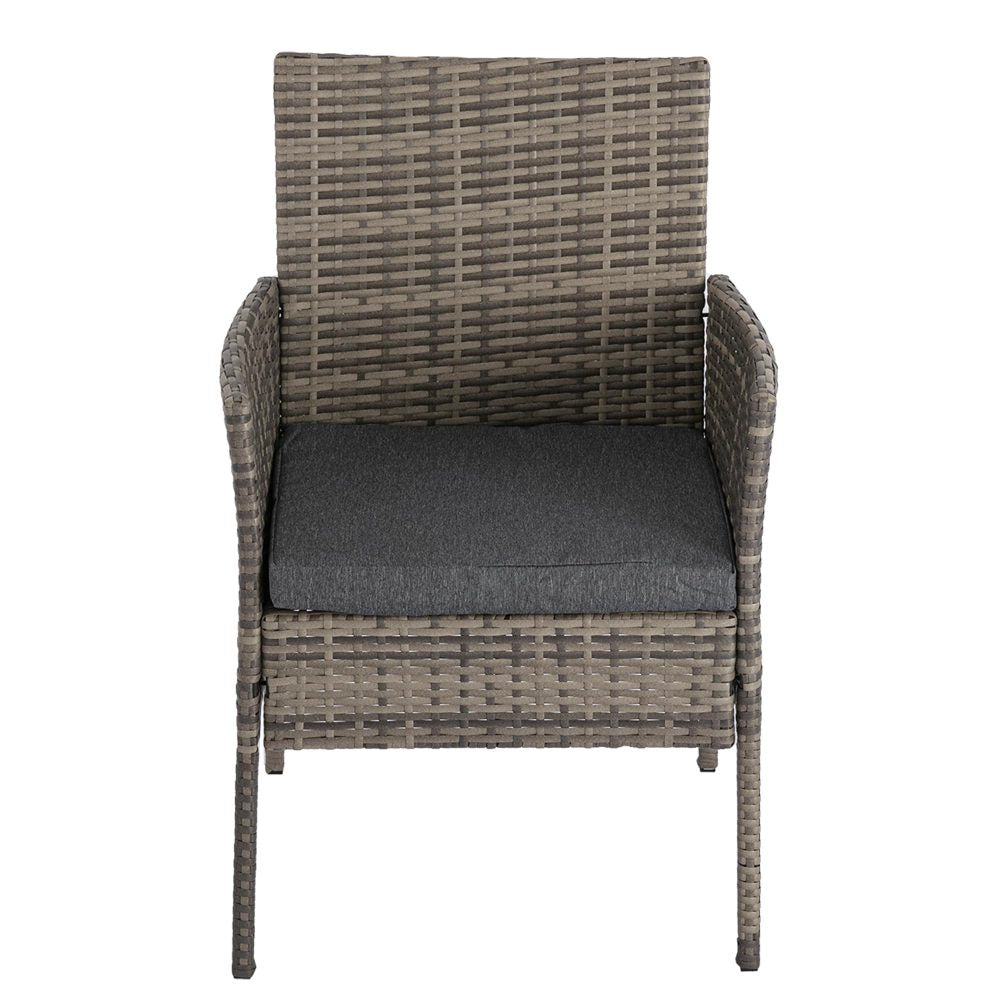 Grey PE rattan armchair with dark seat cushion and open weave back