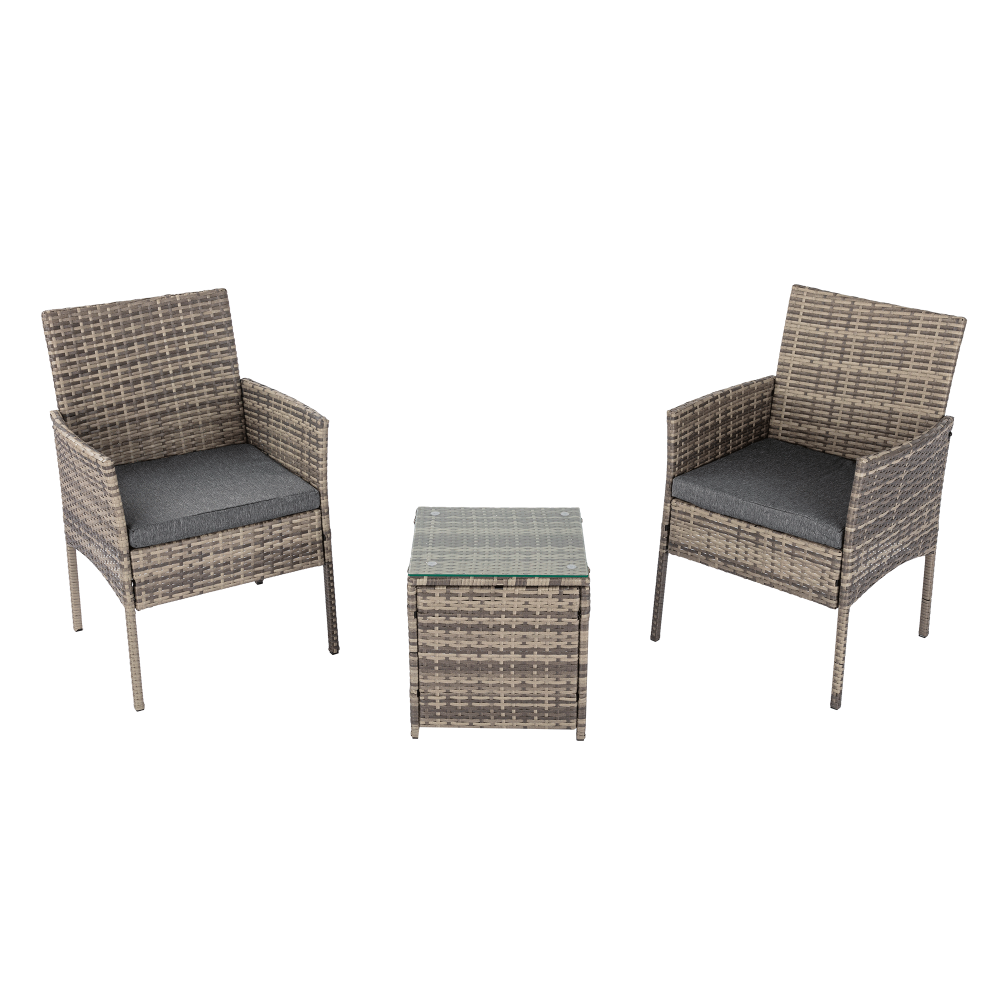 Outdoor chat set with two grey rattan armchairs and square rattan side table