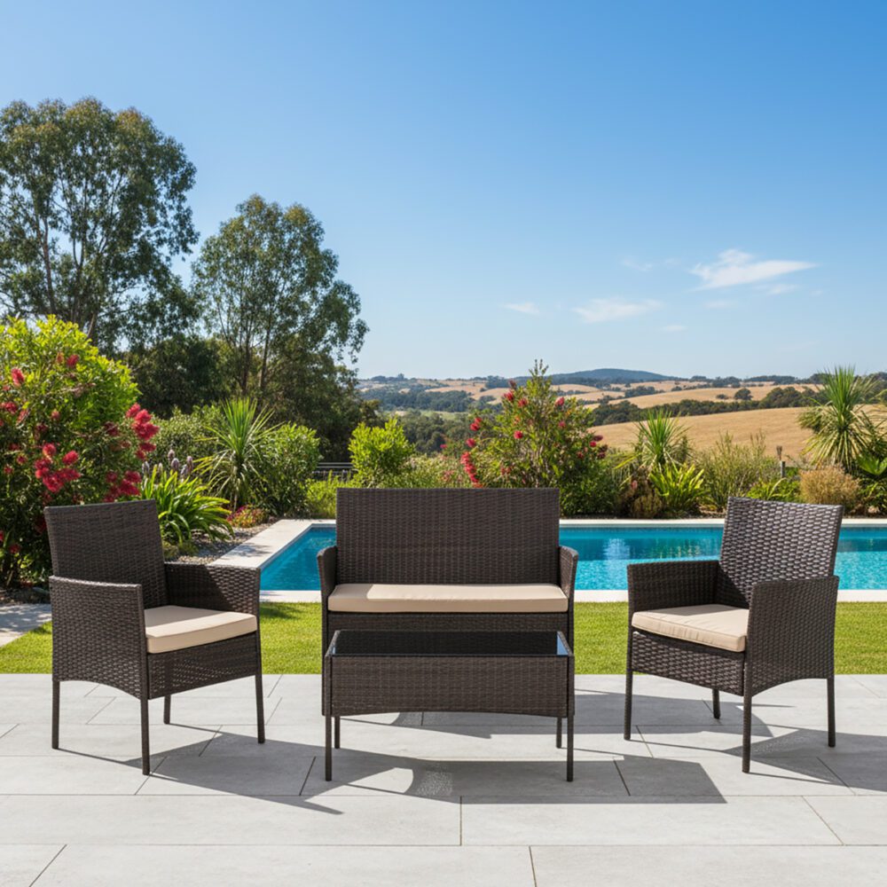 Outdoor lounge set with dark wicker loveseat and two armchairs, beige cushions