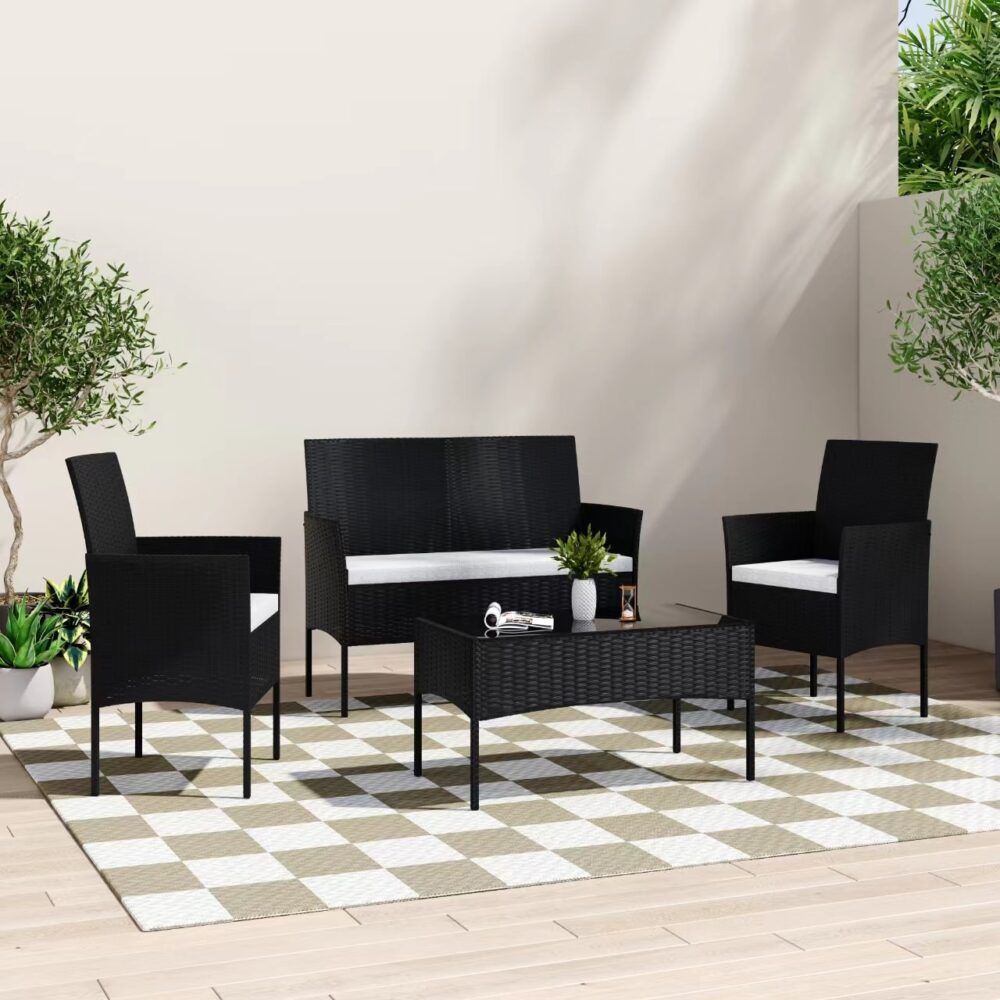 Dark wicker outdoor lounge sofa set with two armchairs, loveseat, and coffee table