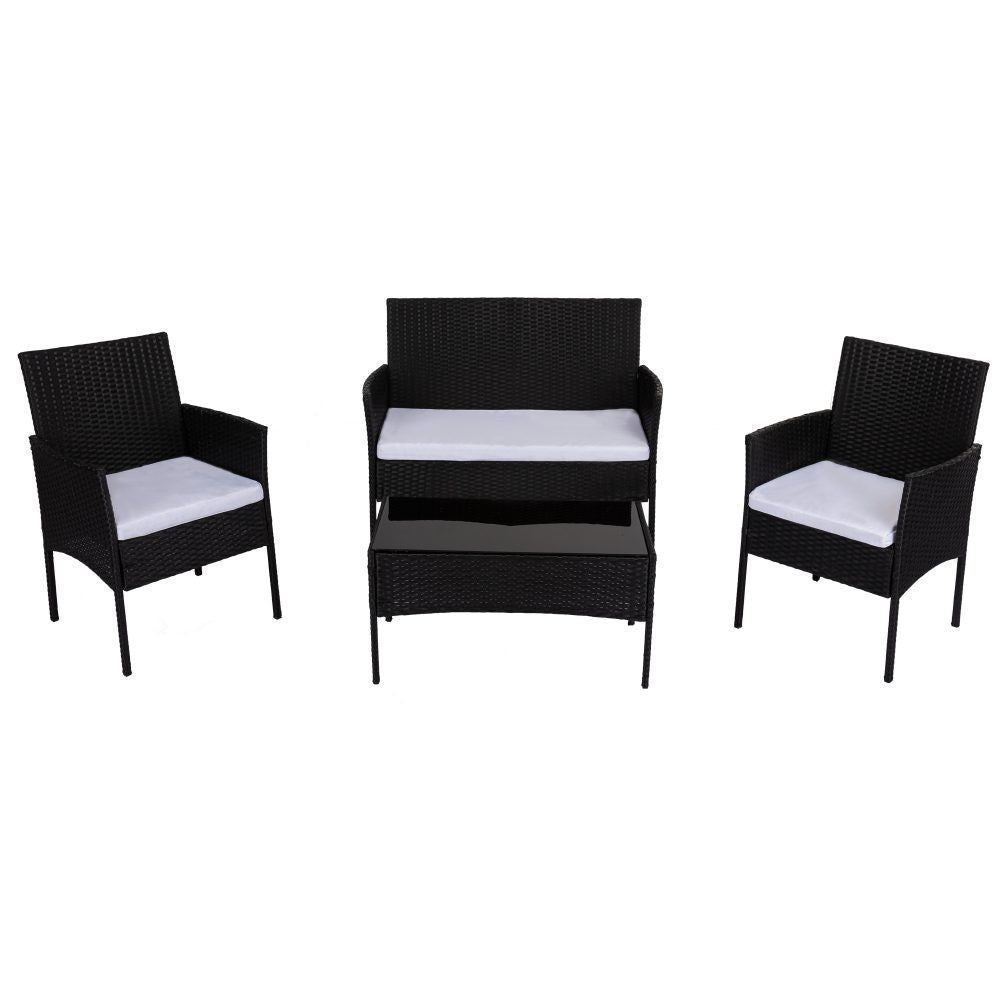 Dark wicker outdoor lounge sofa set with three chairs, loveseat, and glass-top table
