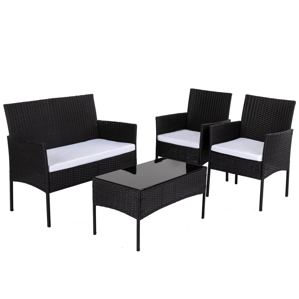 Dark wicker outdoor lounge sofa set with four chairs and square coffee table