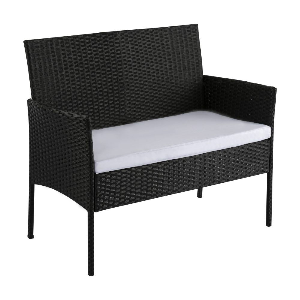 Black PE wicker outdoor armchair with white seat cushion and armrests