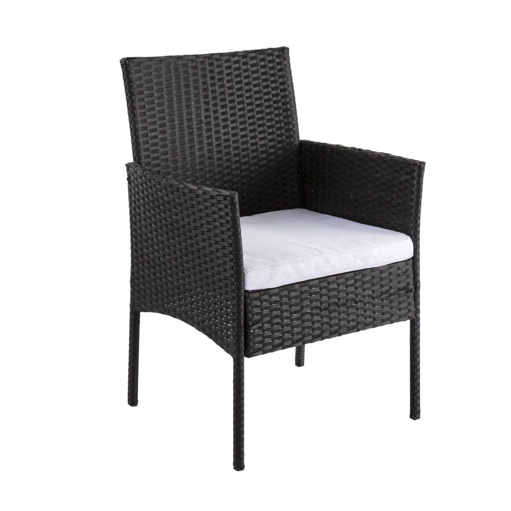 Black PE wicker outdoor armchair with white seat cushion and tall back