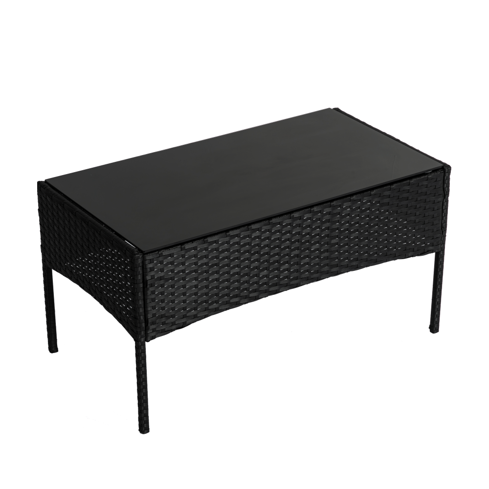 Black PE wicker outdoor coffee table with flat dark tabletop and legs