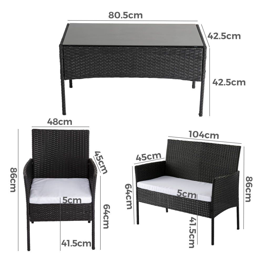 Outdoor lounge sofa set size chart showing dimensions for chair and table