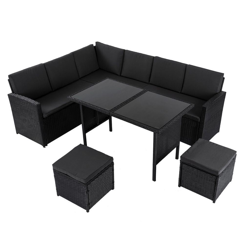 Black modular outdoor lounge dining set with L-shaped sofa, square table, and ottomans
