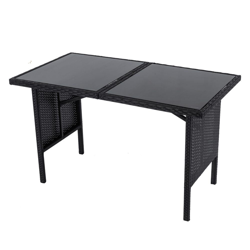 Black outdoor dining table with woven frame and two-part rectangular tabletop