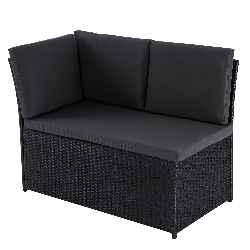 Black outdoor corner lounge chair with cushioned seat, backrest, and woven frame