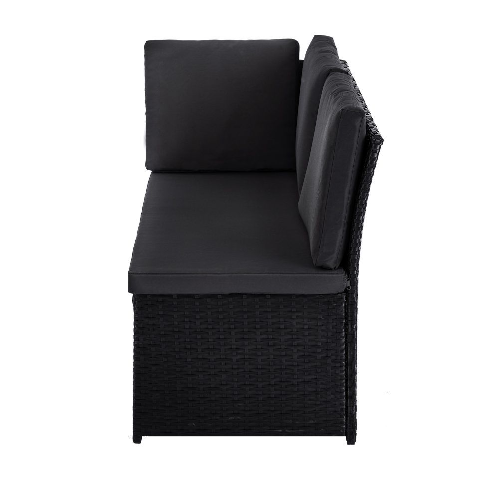 Black outdoor lounge chair with square seat cushion, padded back, and woven side panel