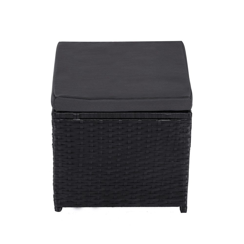 Black outdoor ottoman with woven base and square seat cushion
