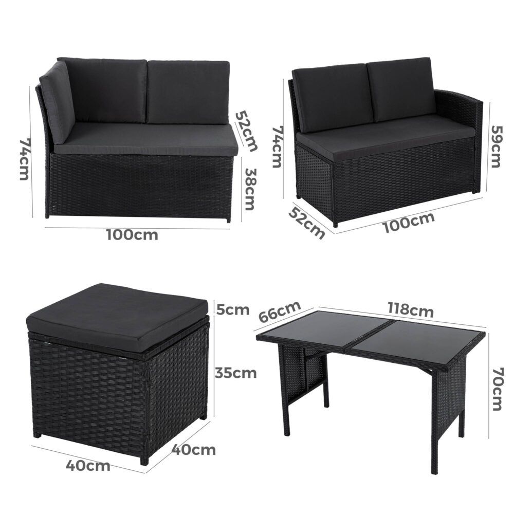 Black woven outdoor lounge sofa, dining table, and ottoman stools with dimensions