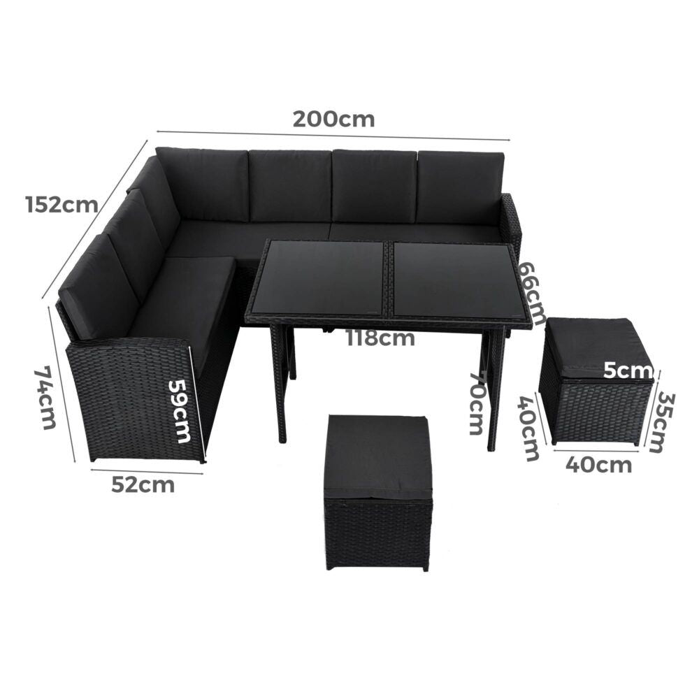 Black modular outdoor corner lounge with dining table and two ottoman stools