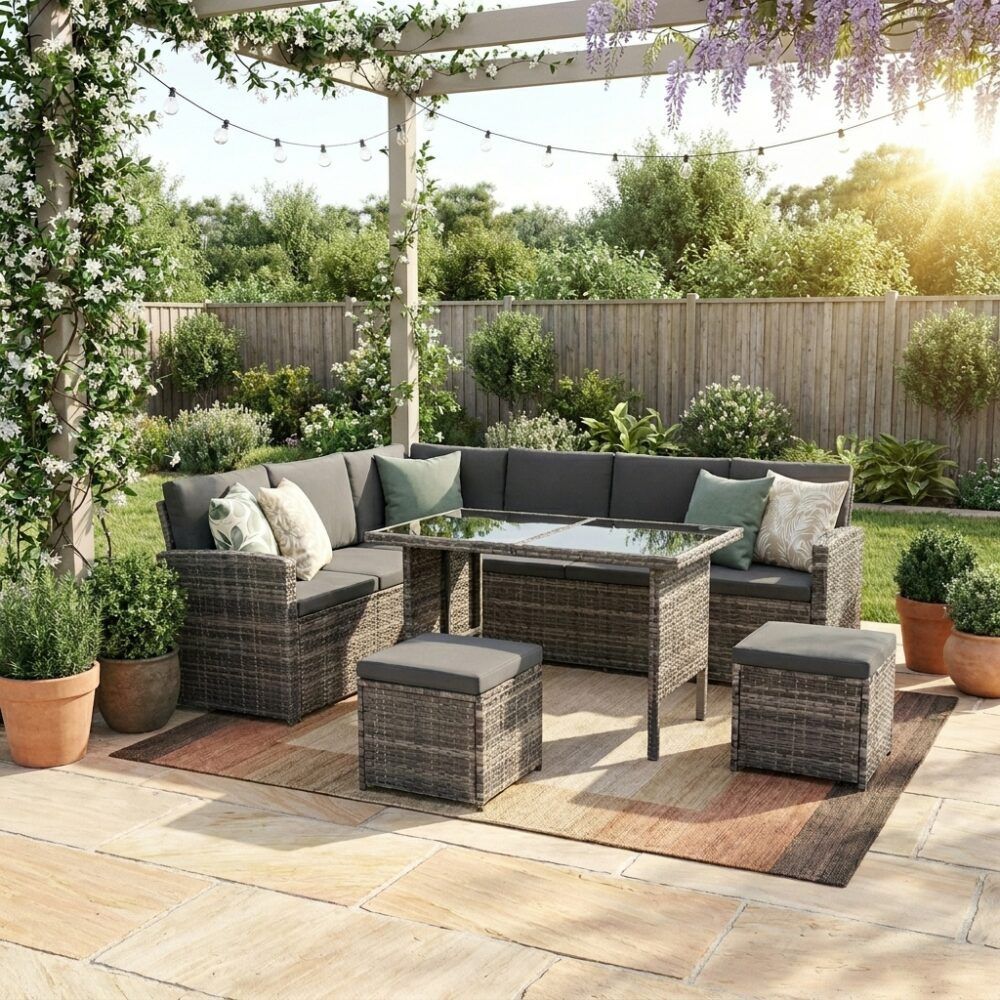 Outdoor lounge dining set with dark grey woven sofa, glass coffee table, and ottomans