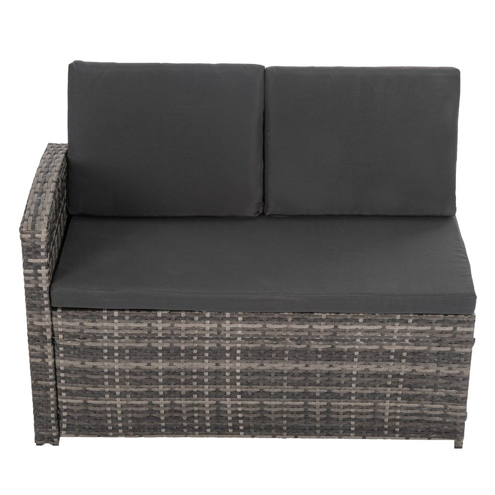 Woven outdoor corner module with dark grey seat cushions and padded back cushions