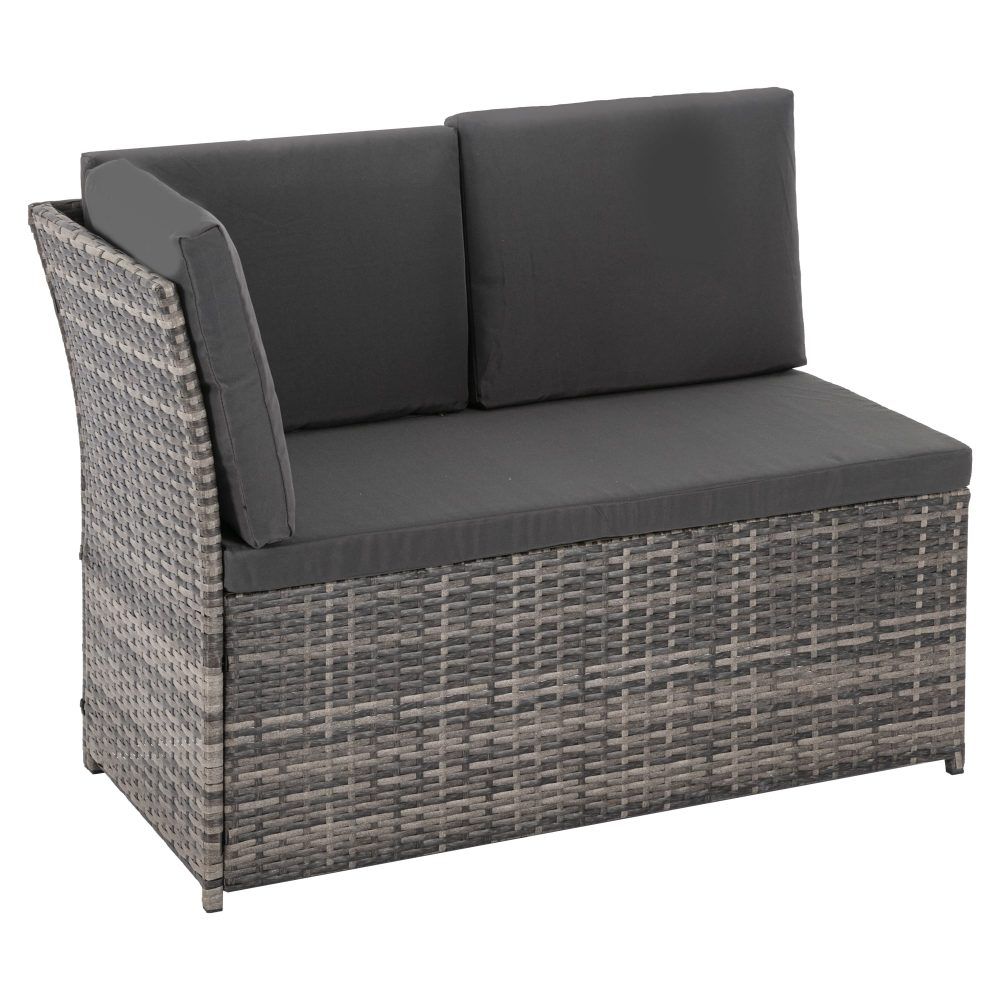 Woven outdoor sofa module with dark grey seat cushion and two back cushions