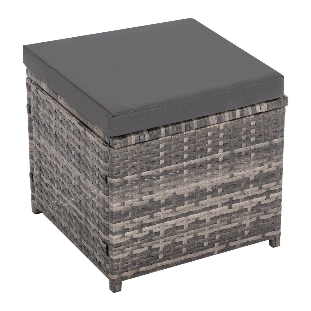 Dark grey woven storage ottoman with flat top cushion and corner support feet