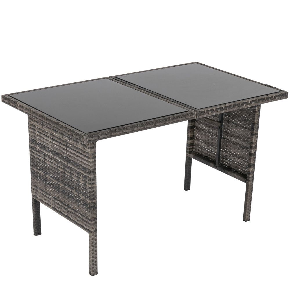 Outdoor woven rectangular coffee table with dark top and slatted legs