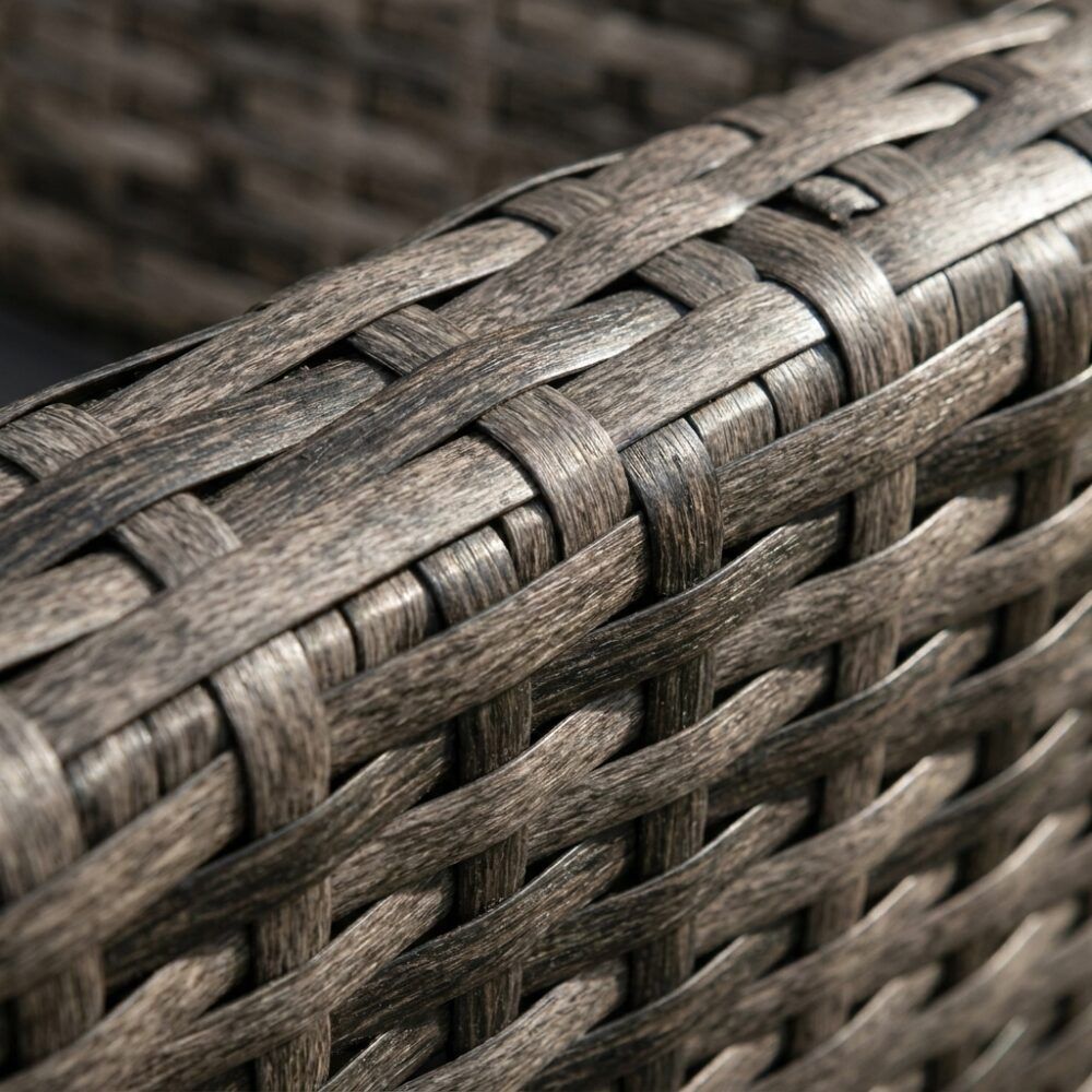 Dark grey woven outdoor lounge set armrest detail with tight lattice pattern.