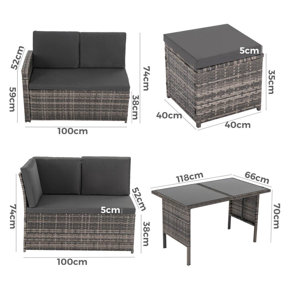 Dark grey woven modular lounge seat module with seat cushion and dimensions diagram.