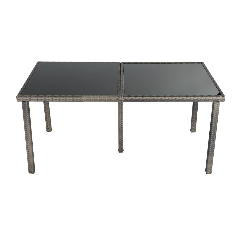 Grey wicker outdoor dining table with two dark glass top panels