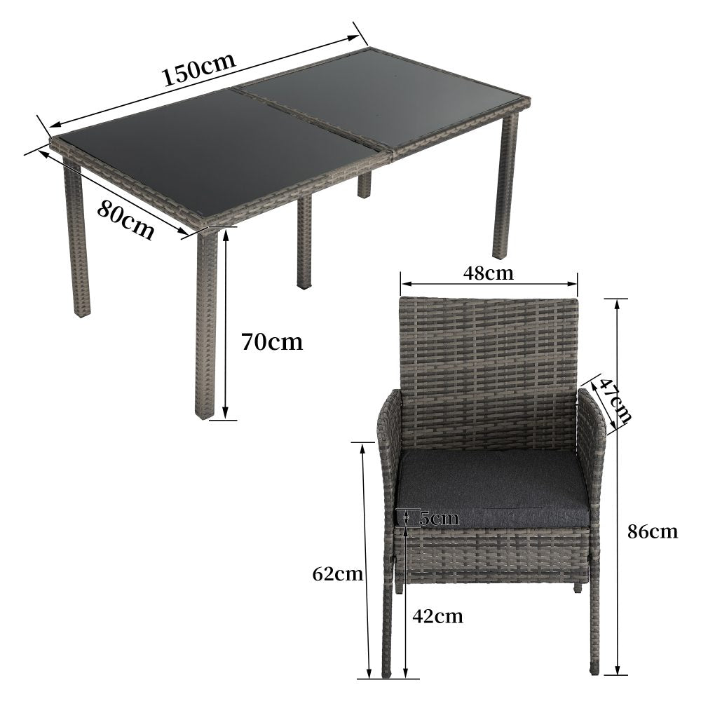 Grey wicker dining table and six-chair set with size diagram callouts