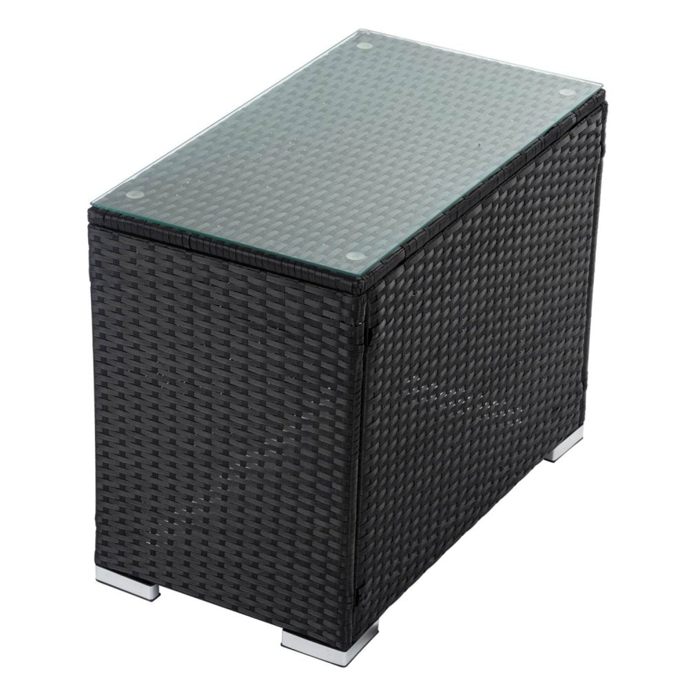 Black wicker end table with rectangular light top and corner trim; woven pattern