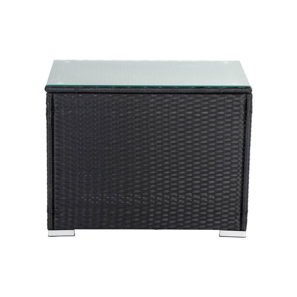 Black wicker end table with rectangular light top and metal corner legs