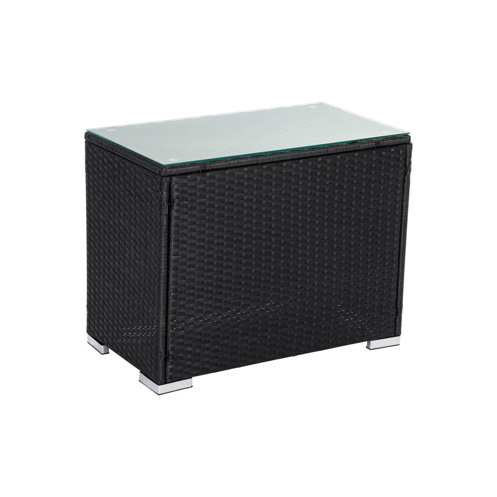 Black wicker end table with square light top, textured woven sides, silver feet